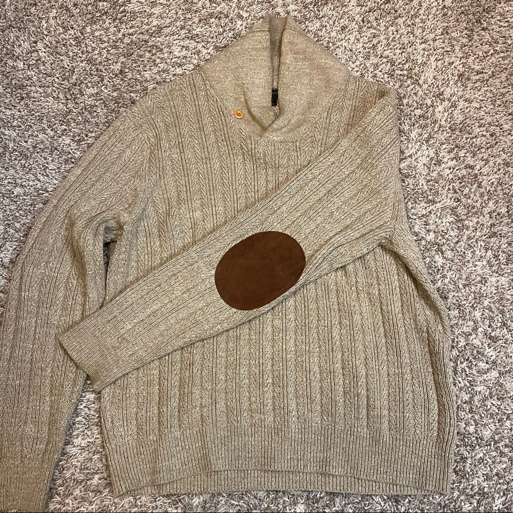 J Crew Men’s Cotton Shawl Collar Sweater Leather Elbow Patch XL Beige